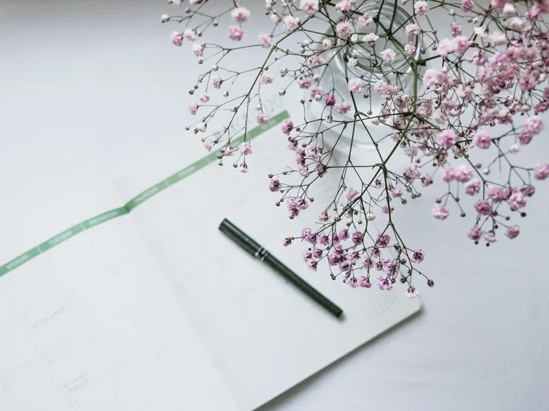 Agenda mensuel ouvert et stylo, à côté d’un bouquet de gypsophile